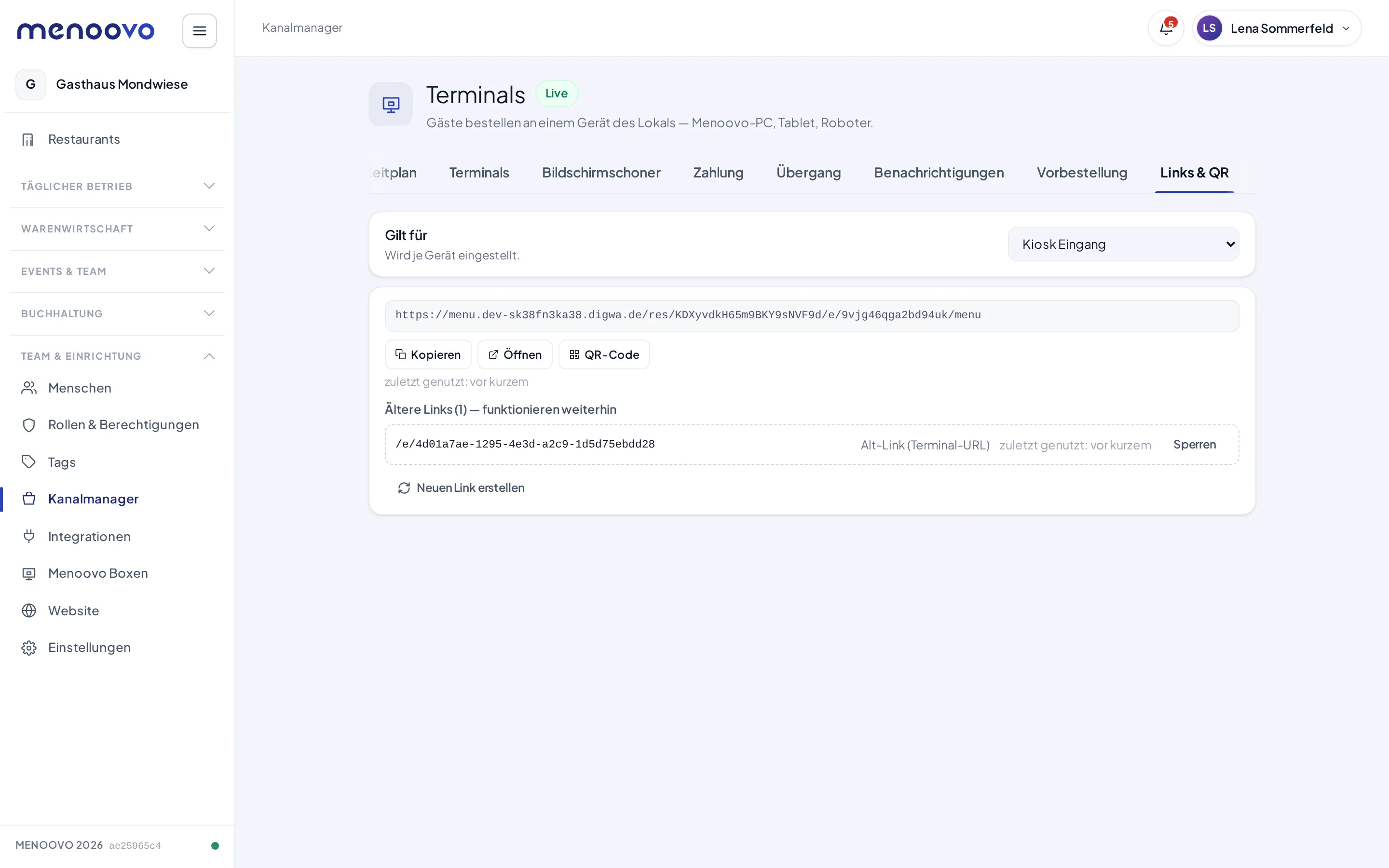 Links und QR-Codes des Terminals Kiosk Eingang