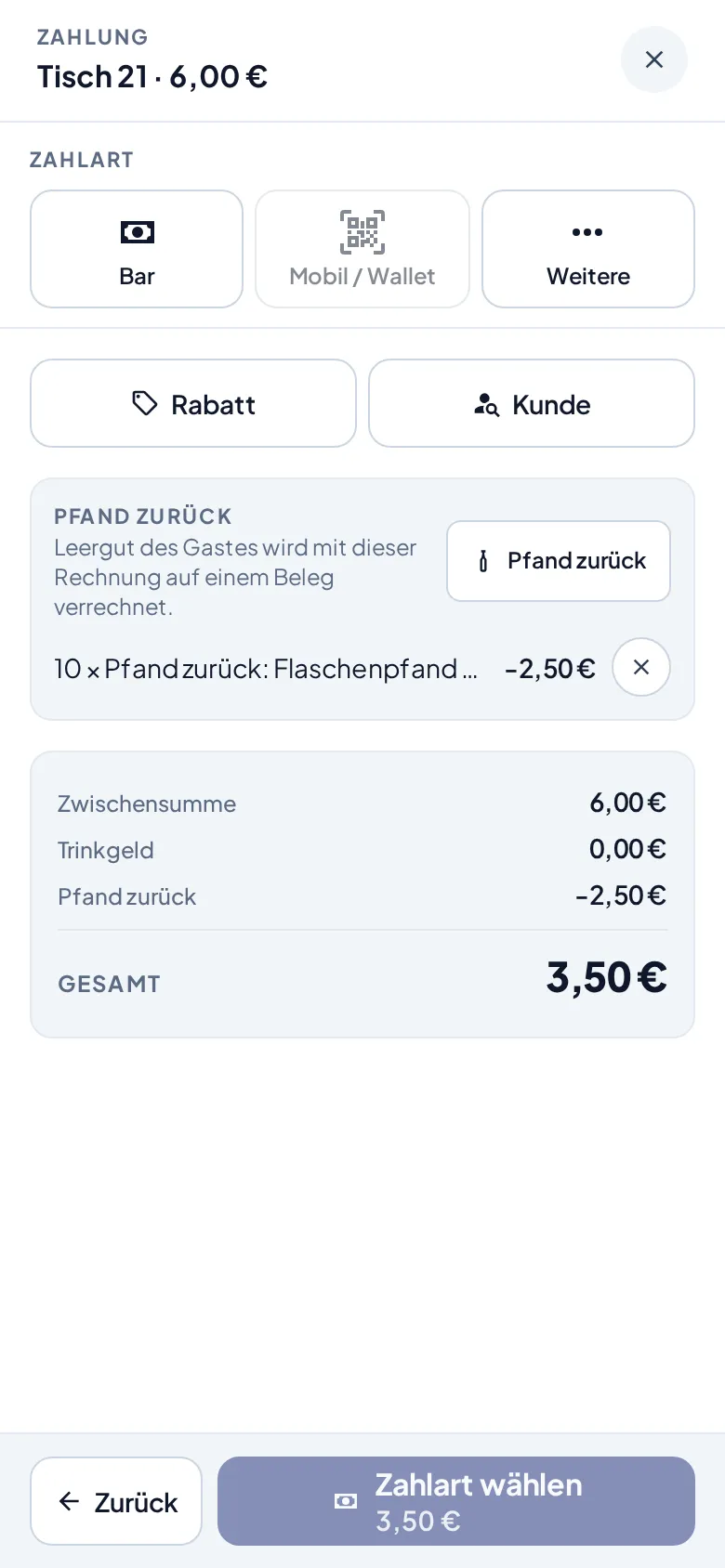 Bezahlblatt am Telefon mit Kasten „Pfand zurück“, Minus-Zeile 10 × Flaschenpfand −2,50 € und Gesamt 3,50 €