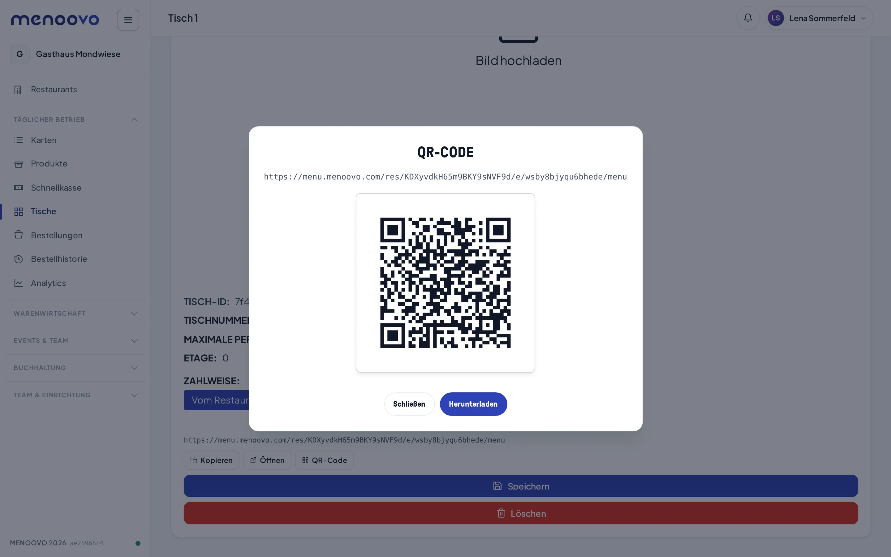 Der QR-Code-Dialog eines Tischs mit den Knöpfen Schließen und Herunterladen