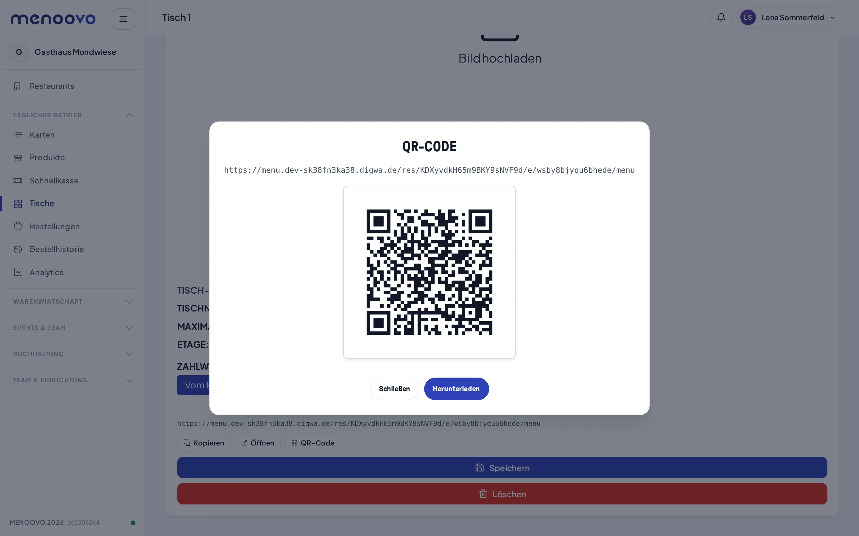 Der QR-Code-Dialog für Tisch 1 mit Herunterladen-Knopf
