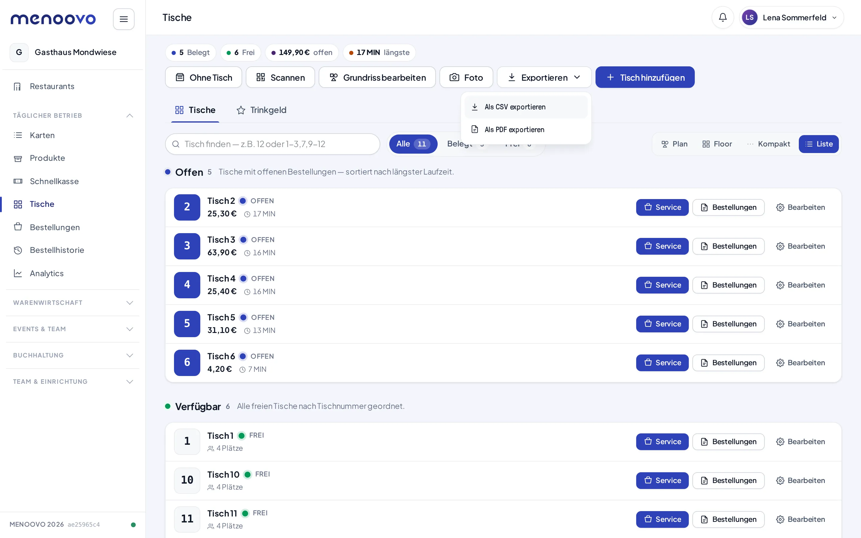 Das Exportieren-Menü mit den Optionen Als CSV exportieren und Als PDF exportieren