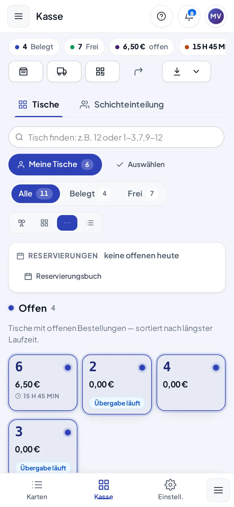 Die Tischübersicht auf dem Telefon mit aktivem Filter Meine Tische