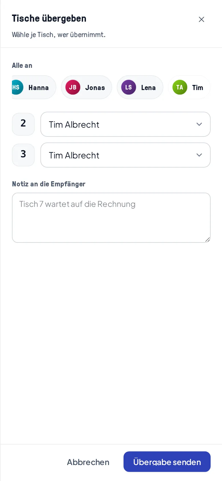 Das Übergabeblatt mit der Reihe Alle an, je Tisch einer Empfängerin und dem Notizfeld
