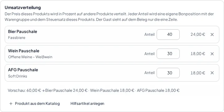 Die Karte „Pauschale“ mit der Umsatzverteilung einer Getränkepauschale: drei Zeilen Bier, Wein und AFG mit 40, 30 und 30 Prozent und der Vorschau der Beträge
