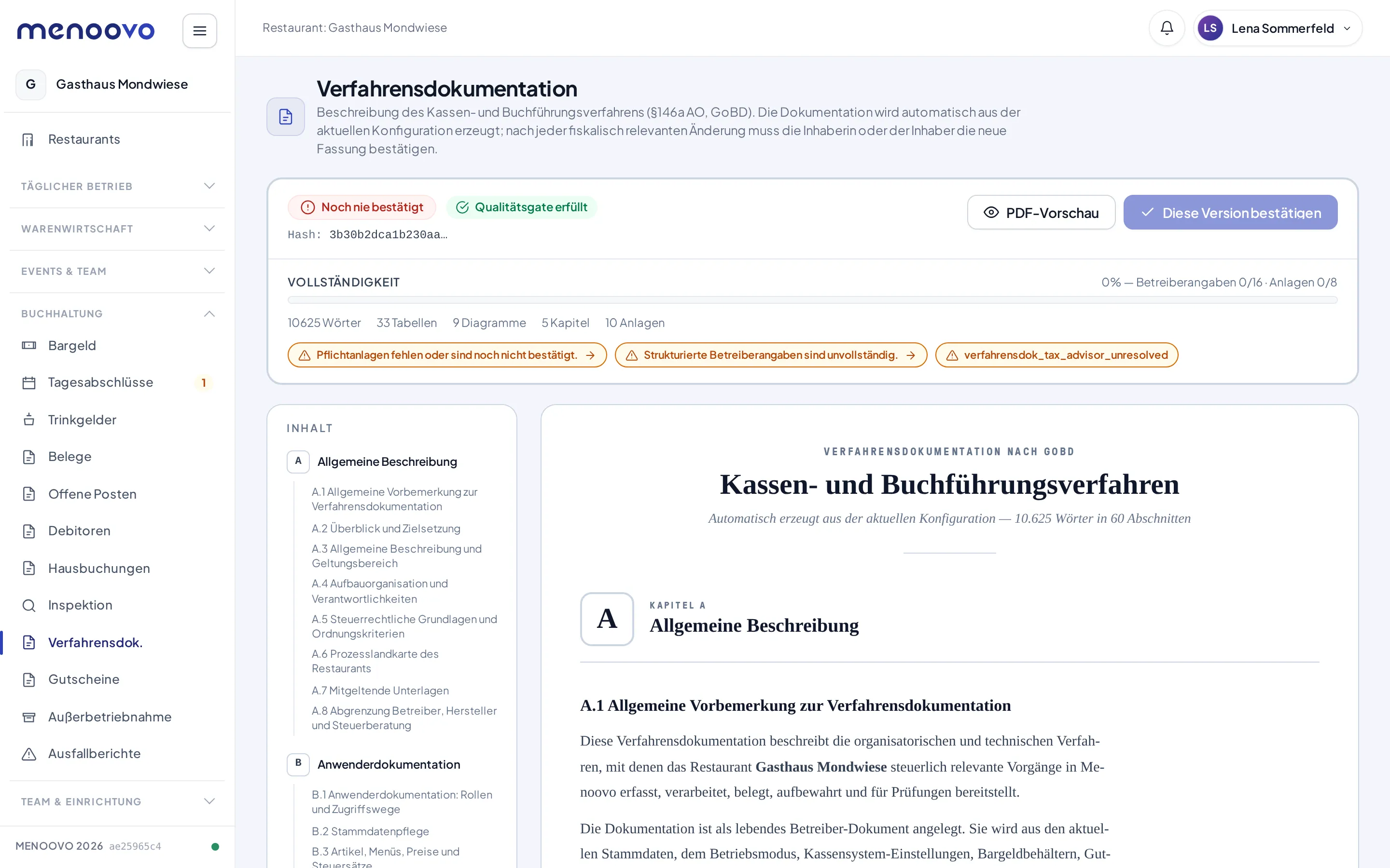 Die automatisch erzeugte Verfahrensdokumentation mit Vollständigkeits-Anzeige