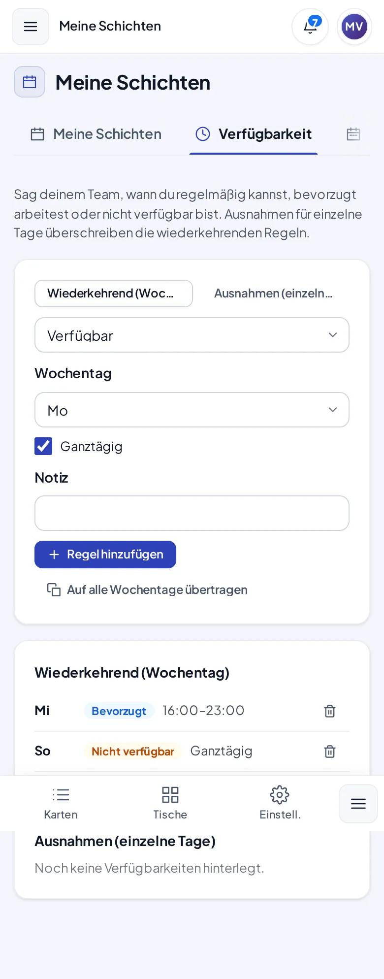 Der Reiter Verfügbarkeit mit dem Regelformular und zwei wiederkehrenden Regeln