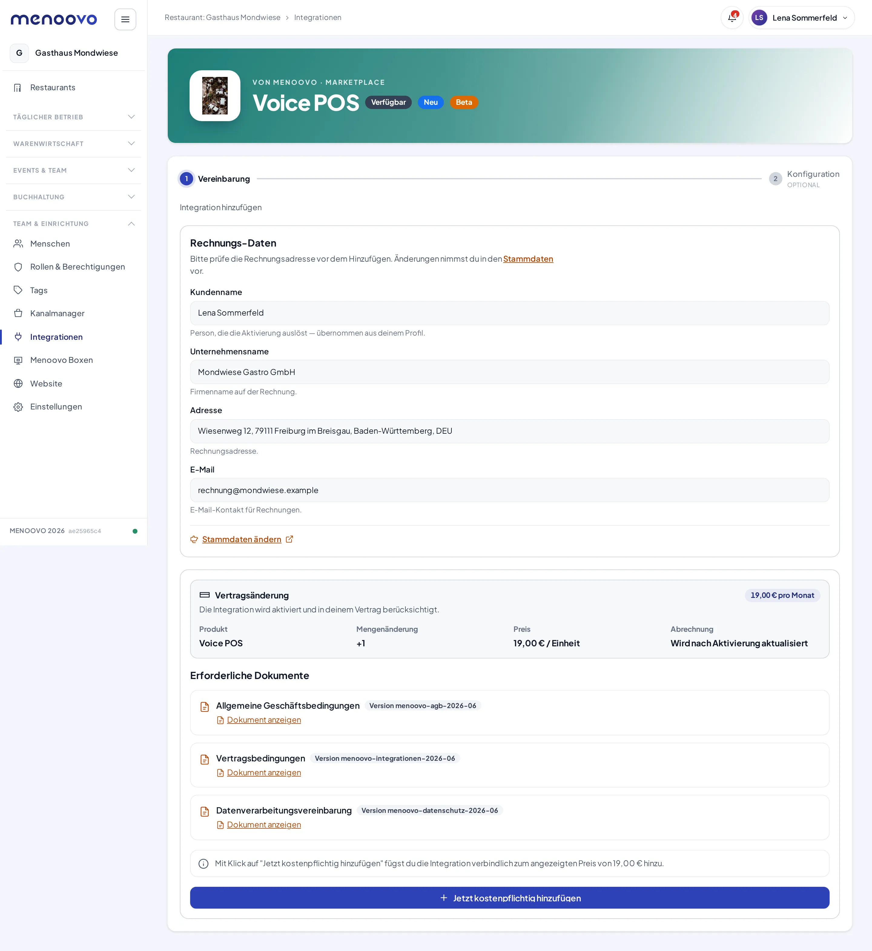 Die Marketplace-Seite der Integration Voice POS mit dem Schritt Vereinbarung, der Vertragsänderung zu 19 Euro pro Monat und dem Knopf Jetzt kostenpflichtig hinzufügen