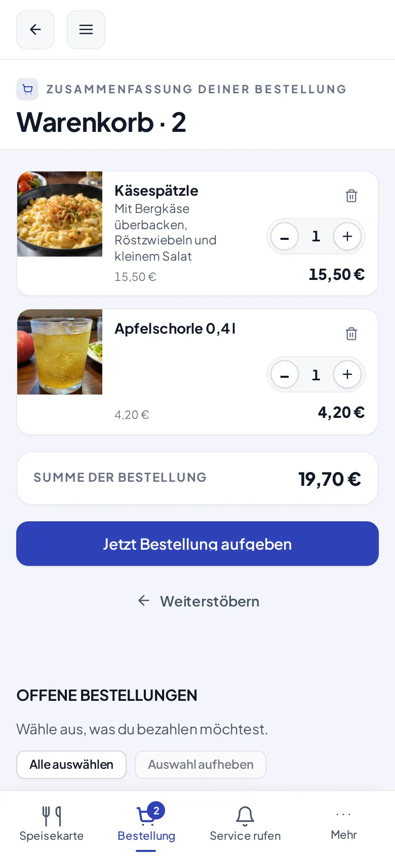 Der Warenkorb mit Käsespätzle und Apfelschorle, Mengensteppern und der Summe der Bestellung