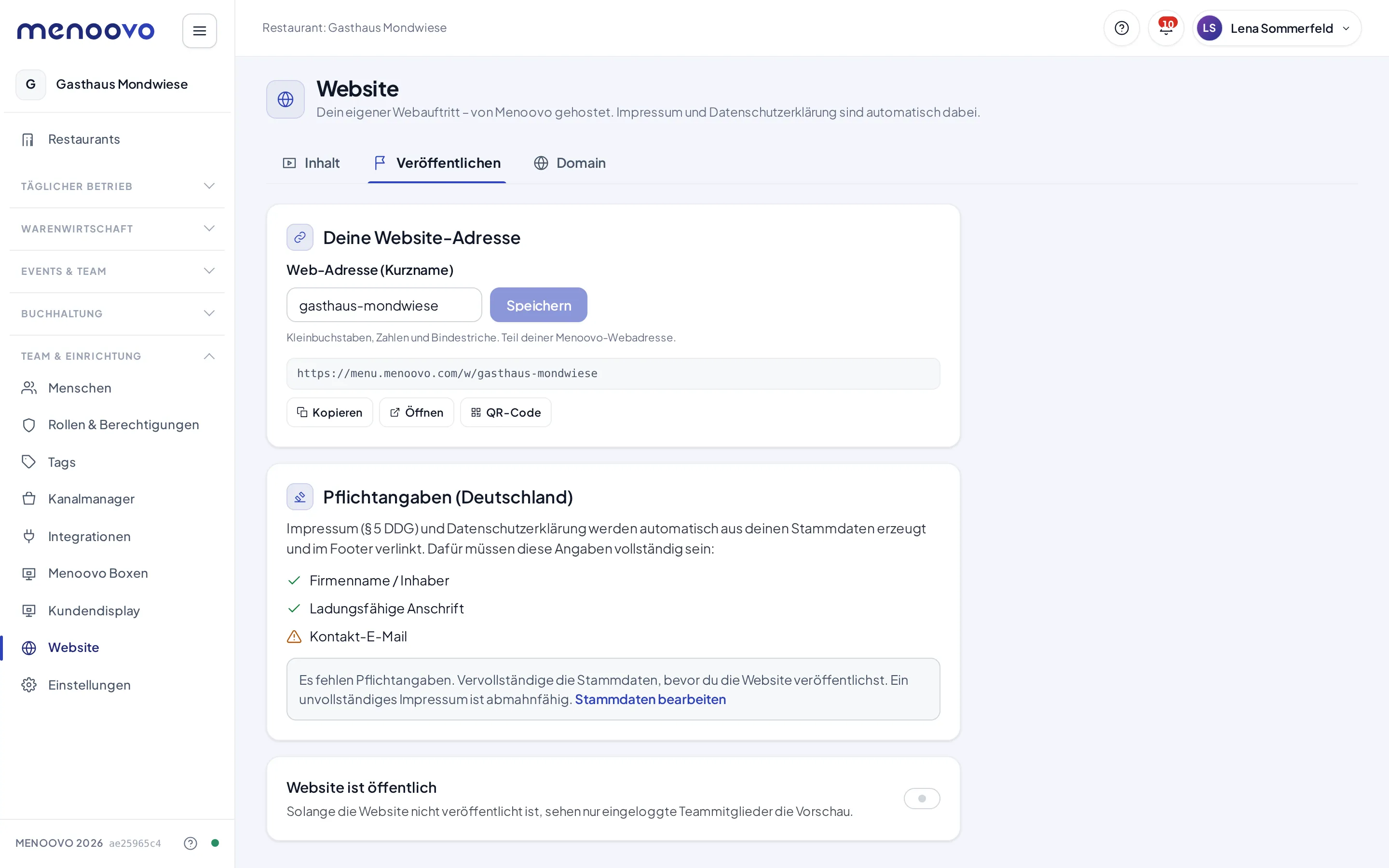 Der Veröffentlichen-Reiter mit Web-Adresse, Pflichtangaben und dem Öffentlich-Schalter