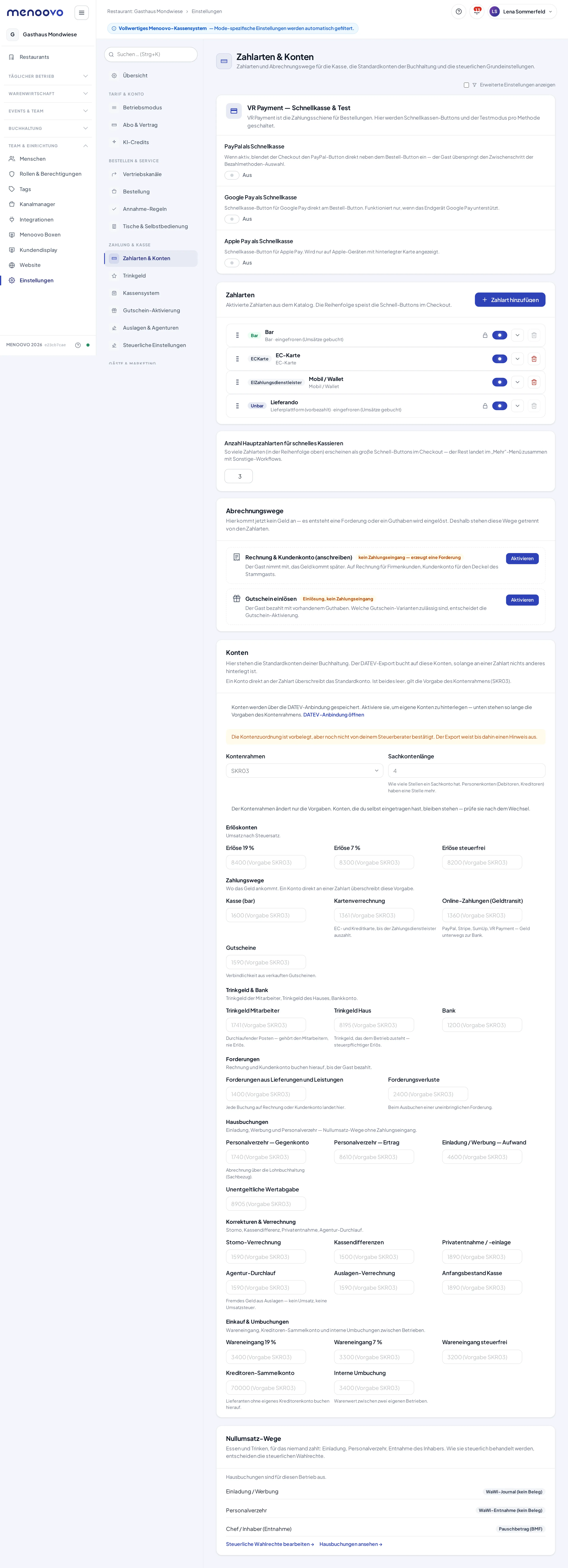 Die Seite Zahlarten & Konten mit VR-Payment-Schaltern, der Zahlarten-Liste und den Konten der Buchhaltung