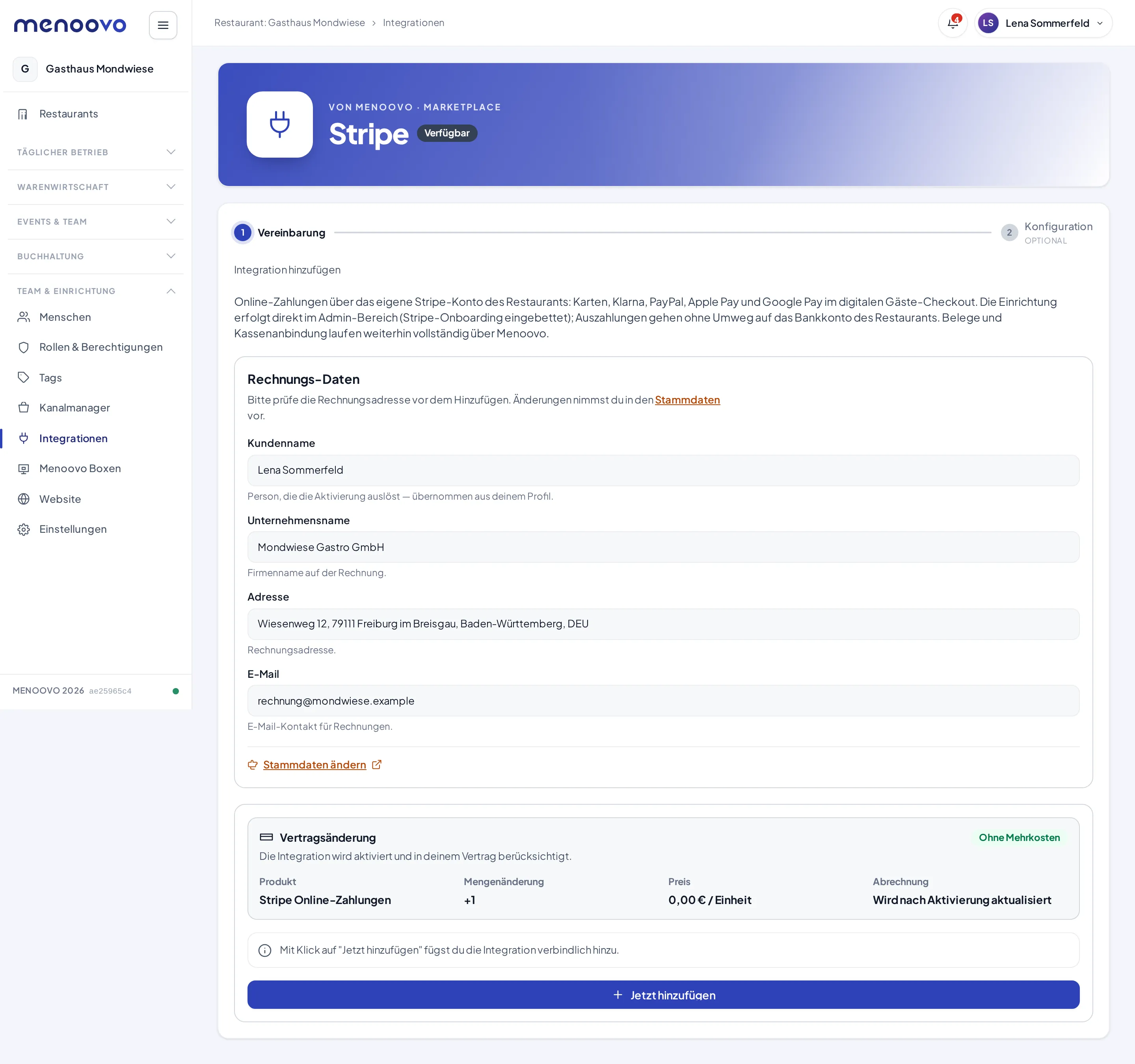 Die Detailansicht der Stripe-Integration mit Rechnungs-Daten und Vertragsänderung ohne Mehrkosten