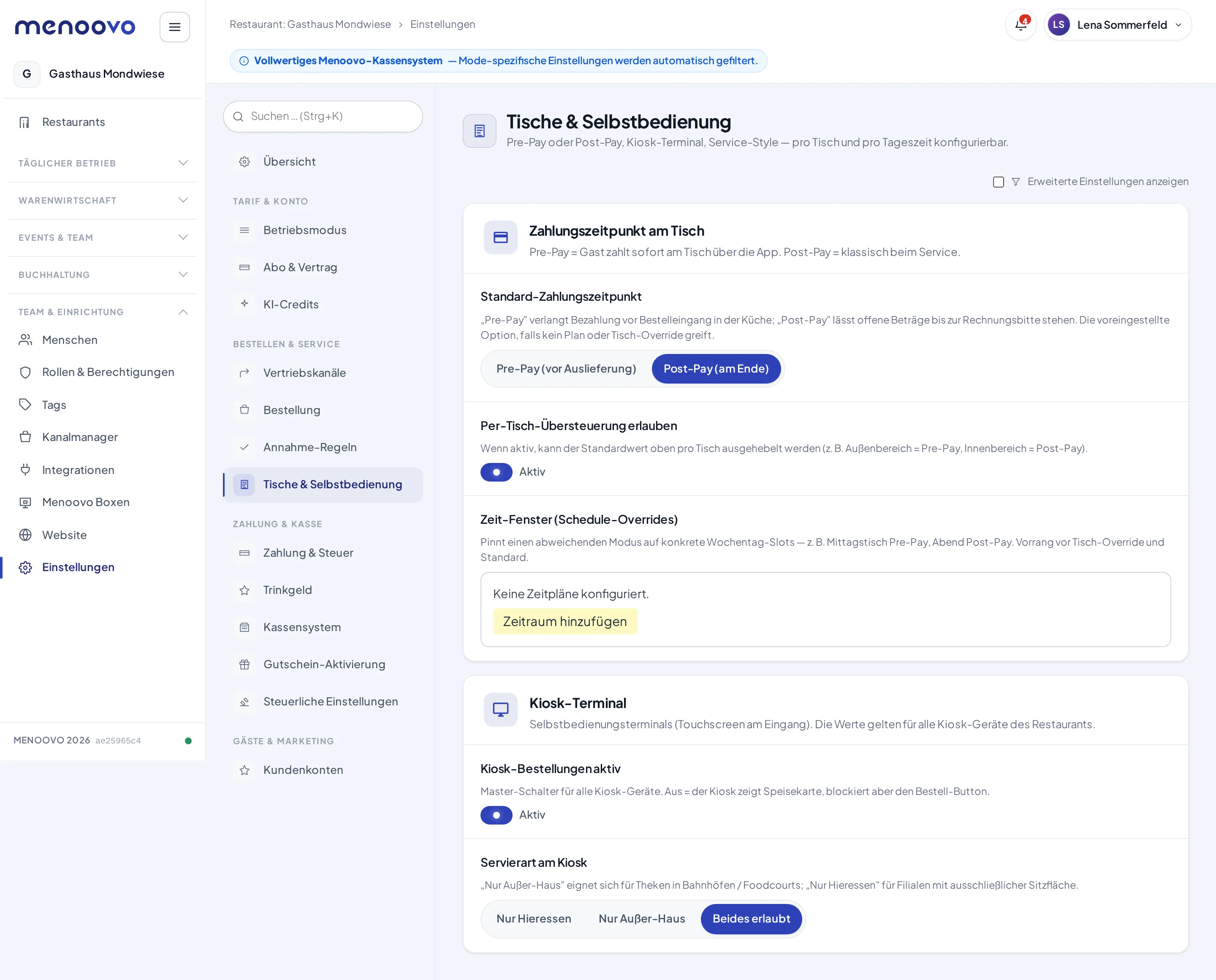 Das Panel Tische & Selbstbedienung mit dem Standard-Zahlungszeitpunkt Post-Pay