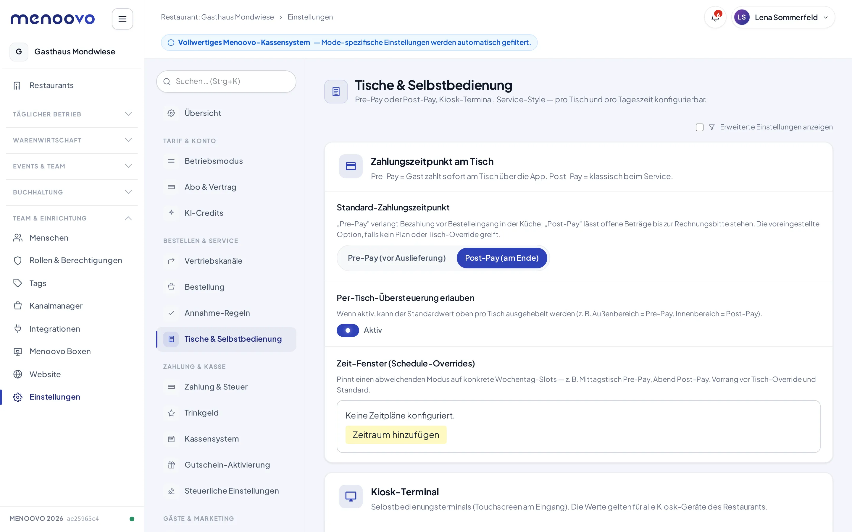 Das Panel Zahlungszeitpunkt am Tisch mit Standard, Tisch-Übersteuerung und Zeit-Fenstern