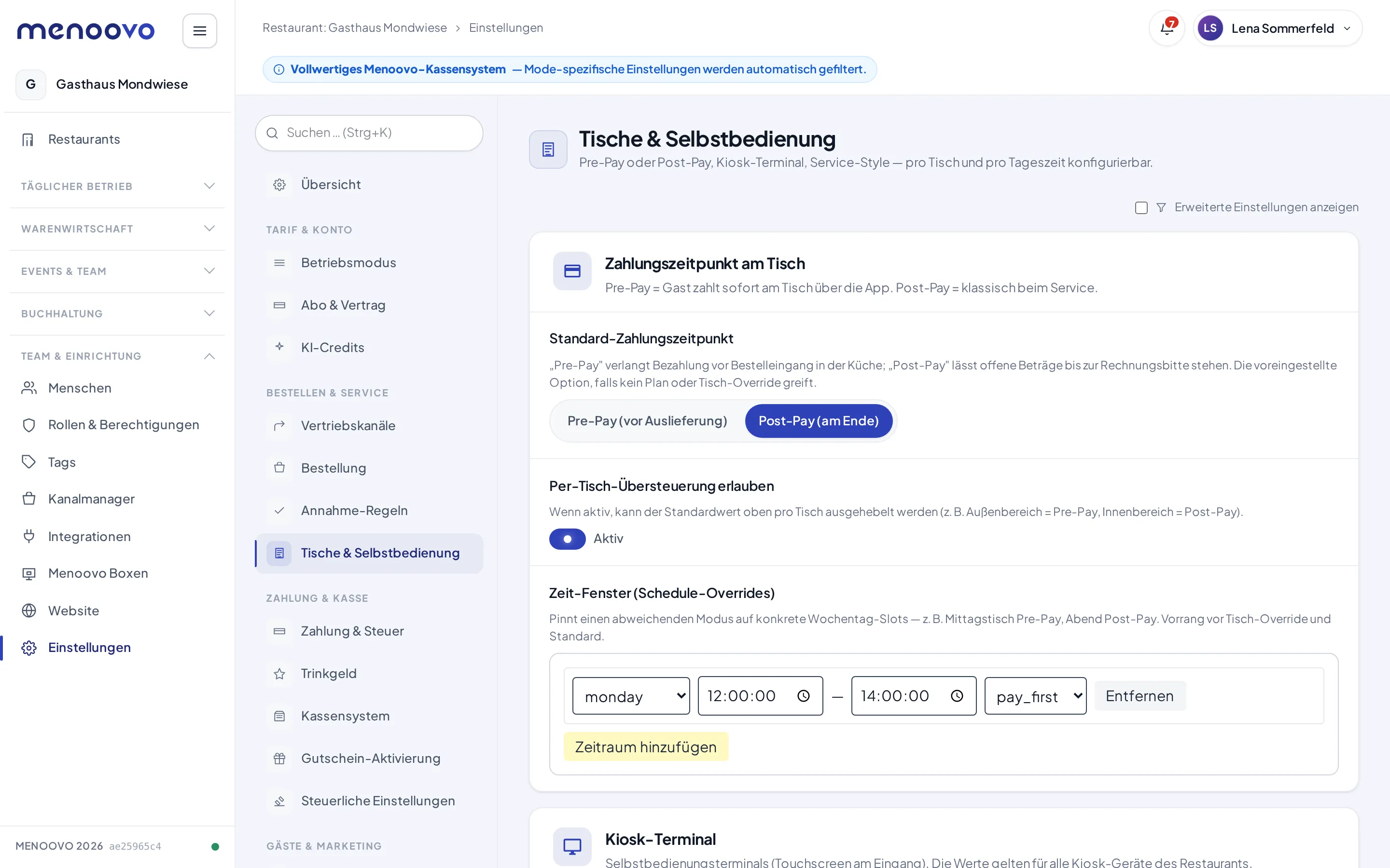 Ein Zeit-Fenster-Eintrag für Montag 12 bis 14 Uhr mit dem Modus pay_first