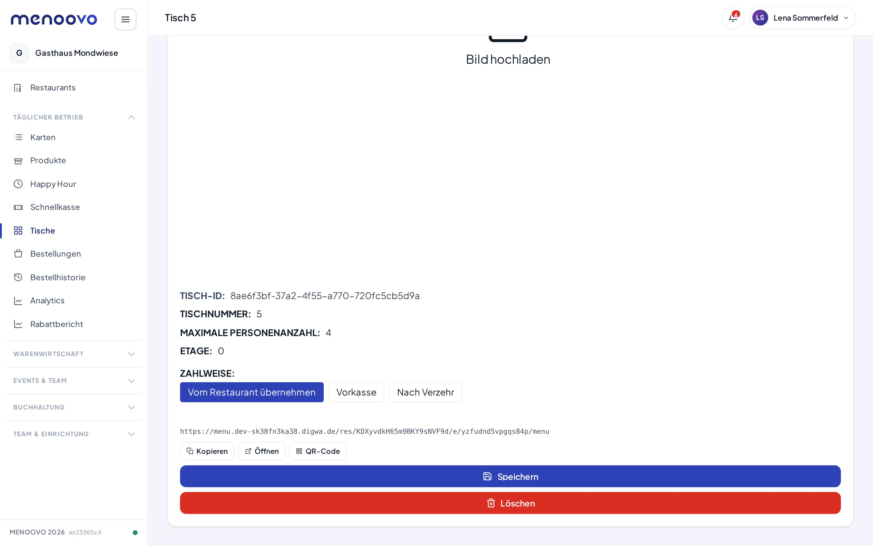 Die Tischseite von Tisch 5 mit der Zahlweise-Auswahl