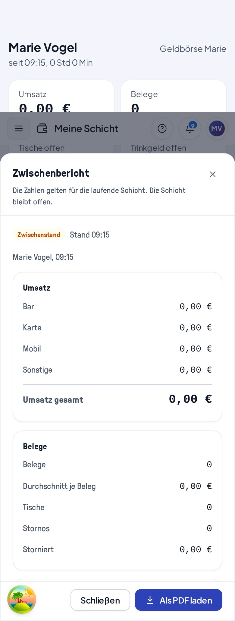 Der Zwischenbericht der laufenden Schicht mit Umsatz und Belegen